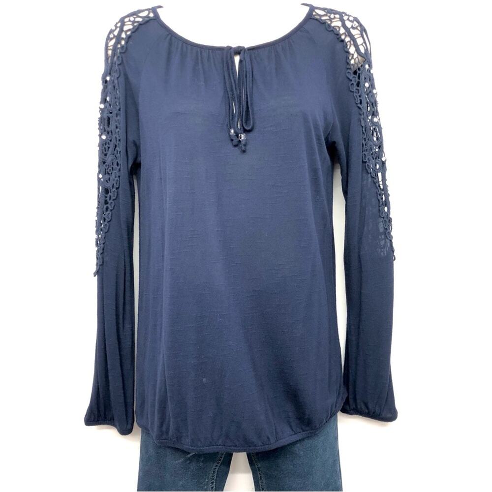 INC International Concepts Navy Crochet Long Sleeve Top